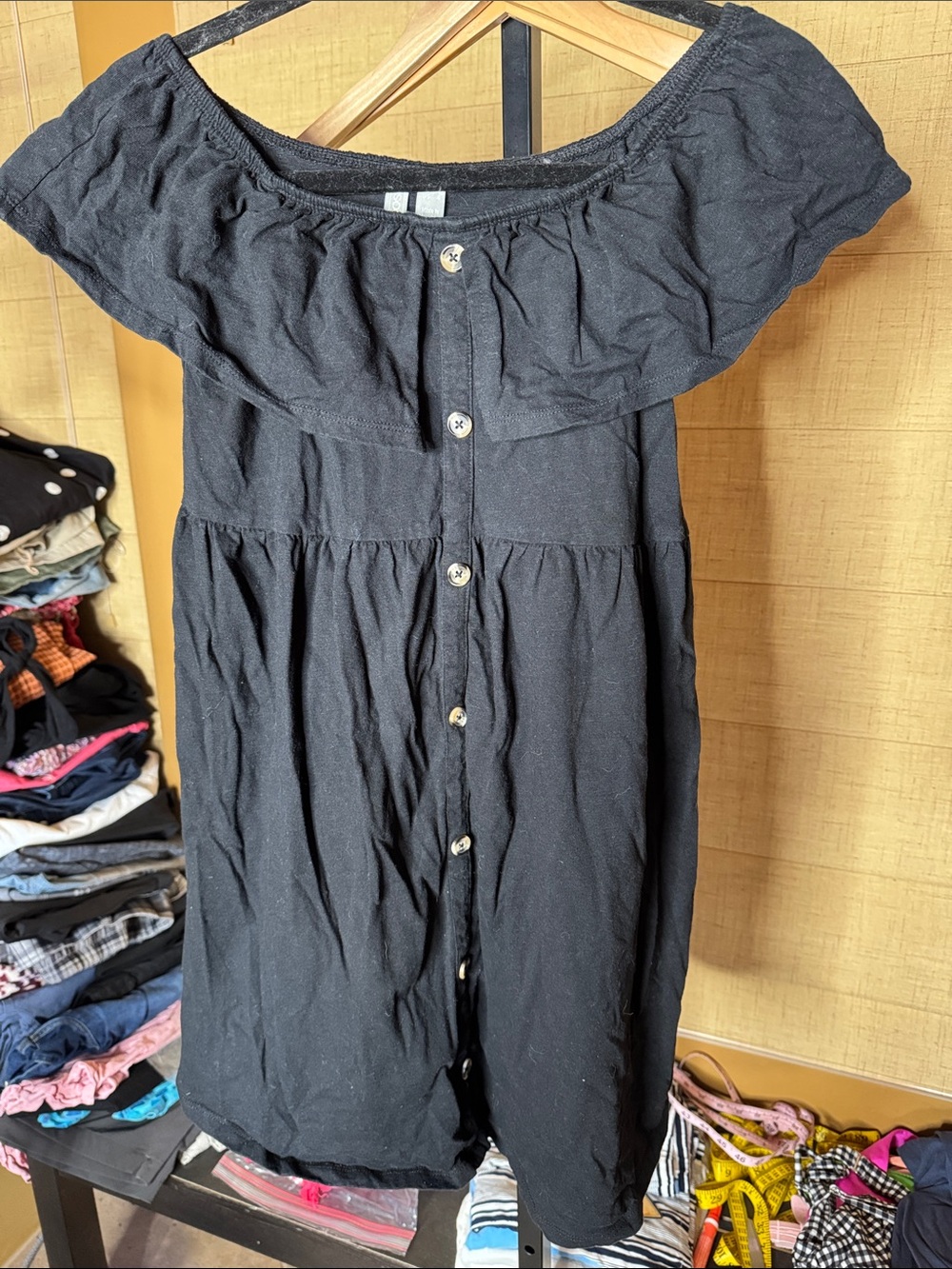NWOT ASOS Black Off Shoulder Ruffle Button Front Mini Dress Size 4 - Picture 3 of 8